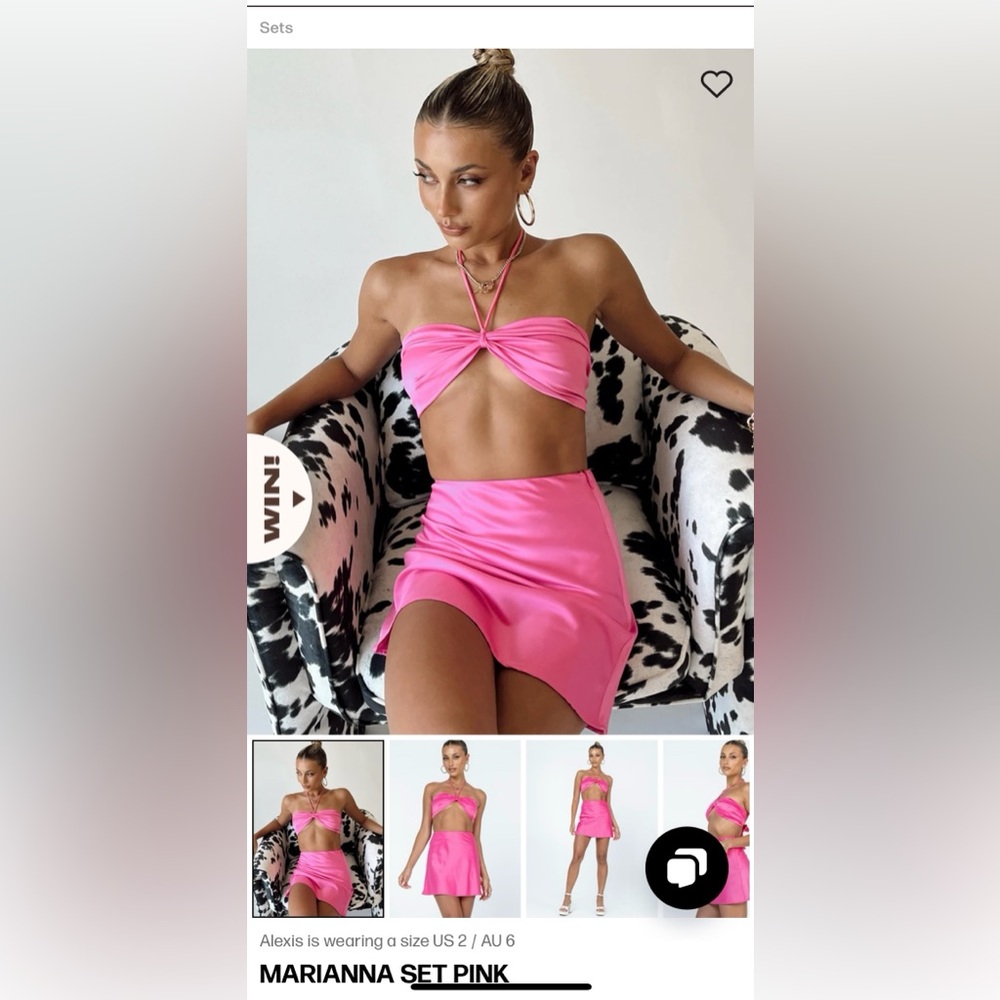 Princess Polly hot pink two piece skirt and bandeau top with tie size 0